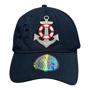 Country Leather Hat Cap Strap Back One Size Blue Embroidered Anchor Mens